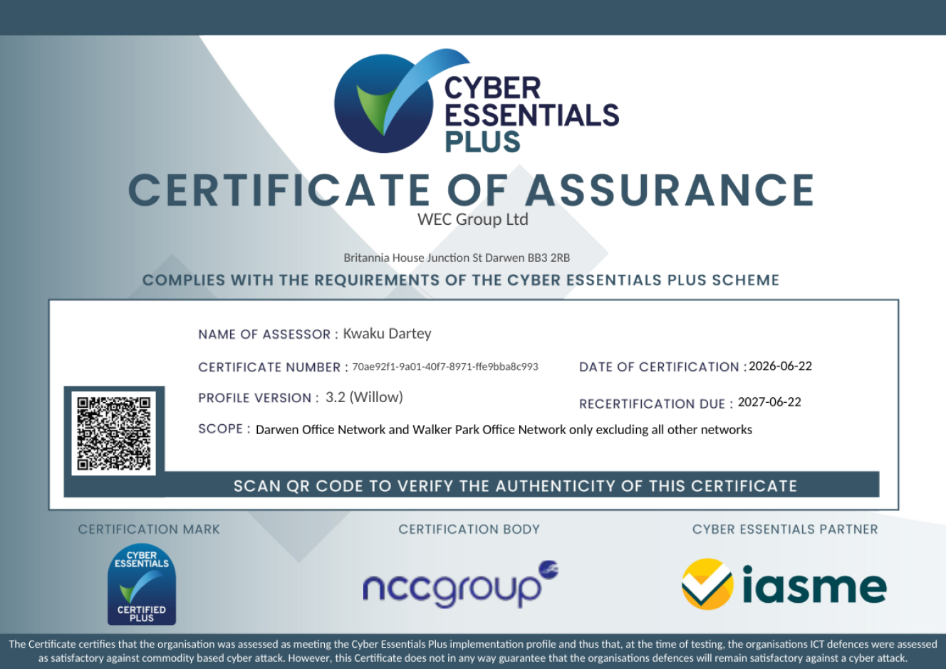 Certificate to certify wec group has cyber essentials plus